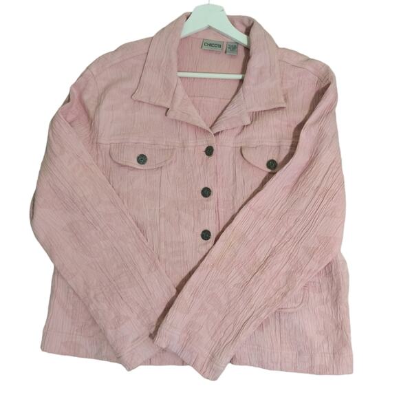 Chico's Blazer Women's Size 12 Pink Long sleeve Button Up Multi Pocket Crinkle - Picture 3 of 10